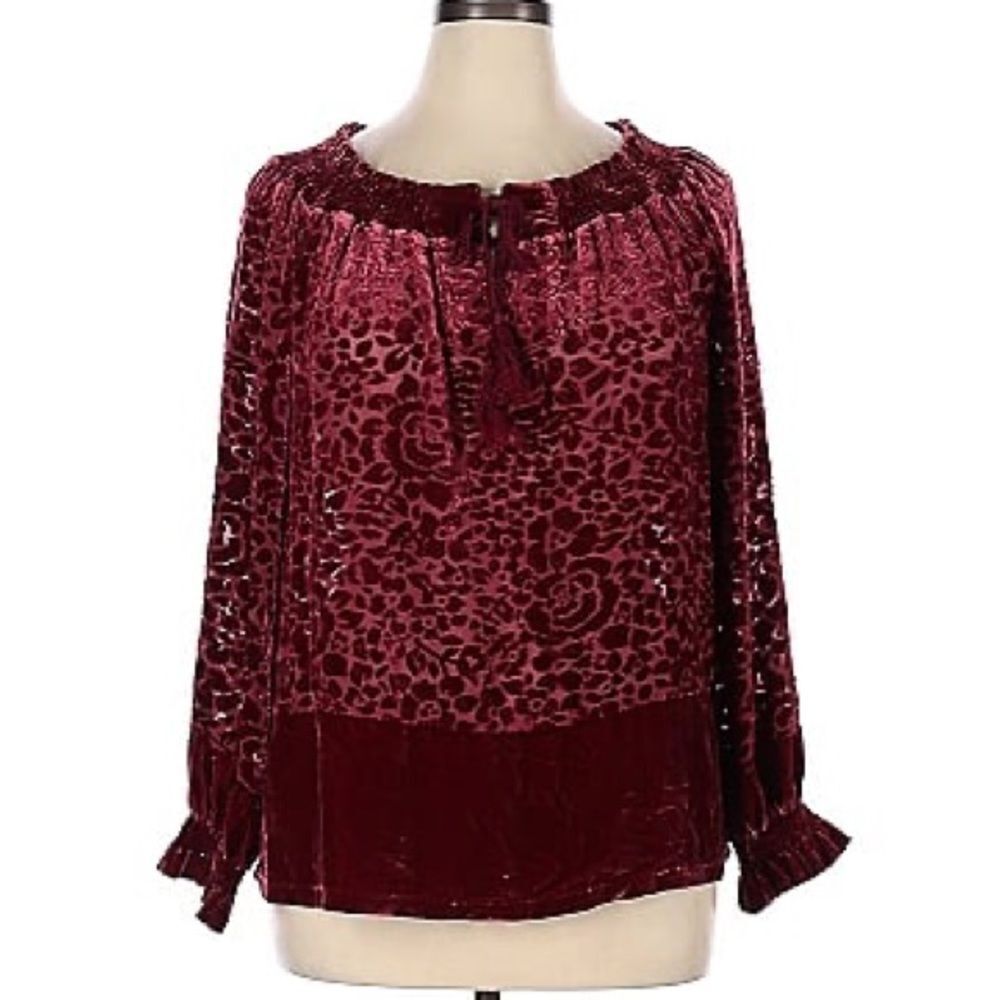 GO SILK XL Velvet Burnout Peasant Blouse - Maroon Burgandy